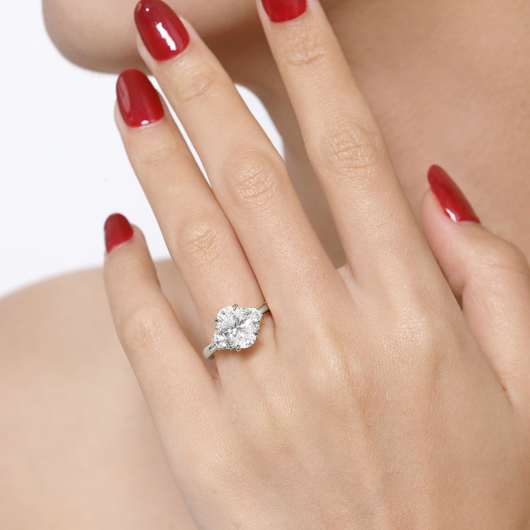 Moon - 14K White Gold Round Three Stone Lotus Diamond Engagement Ring