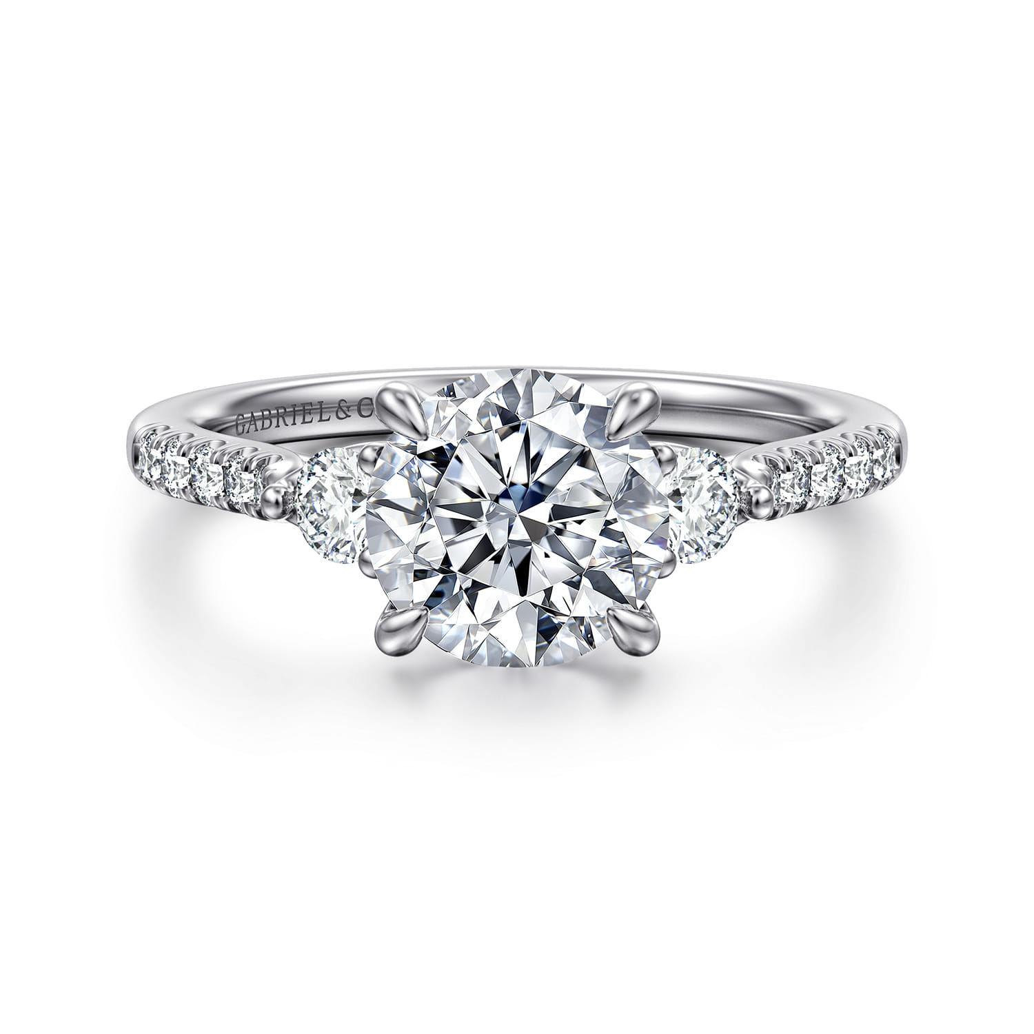 Moon - 14K White Gold Round Three Stone Lotus Diamond Engagement Ring