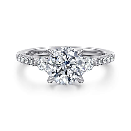 Moon - 14K White Gold Round Three Stone Lotus Diamond Engagement Ring