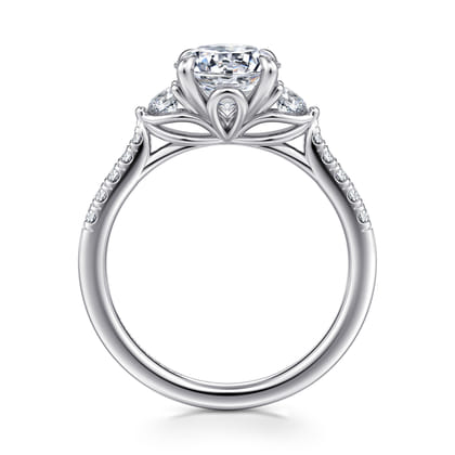 Moon - 14K White Gold Round Three Stone Lotus Diamond Engagement Ring
