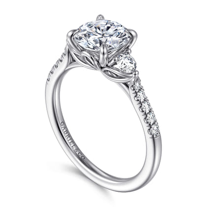 Moon - 14K White Gold Round Three Stone Lotus Diamond Engagement Ring