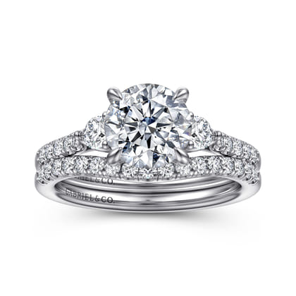 Moon - 14K White Gold Round Three Stone Lotus Diamond Engagement Ring