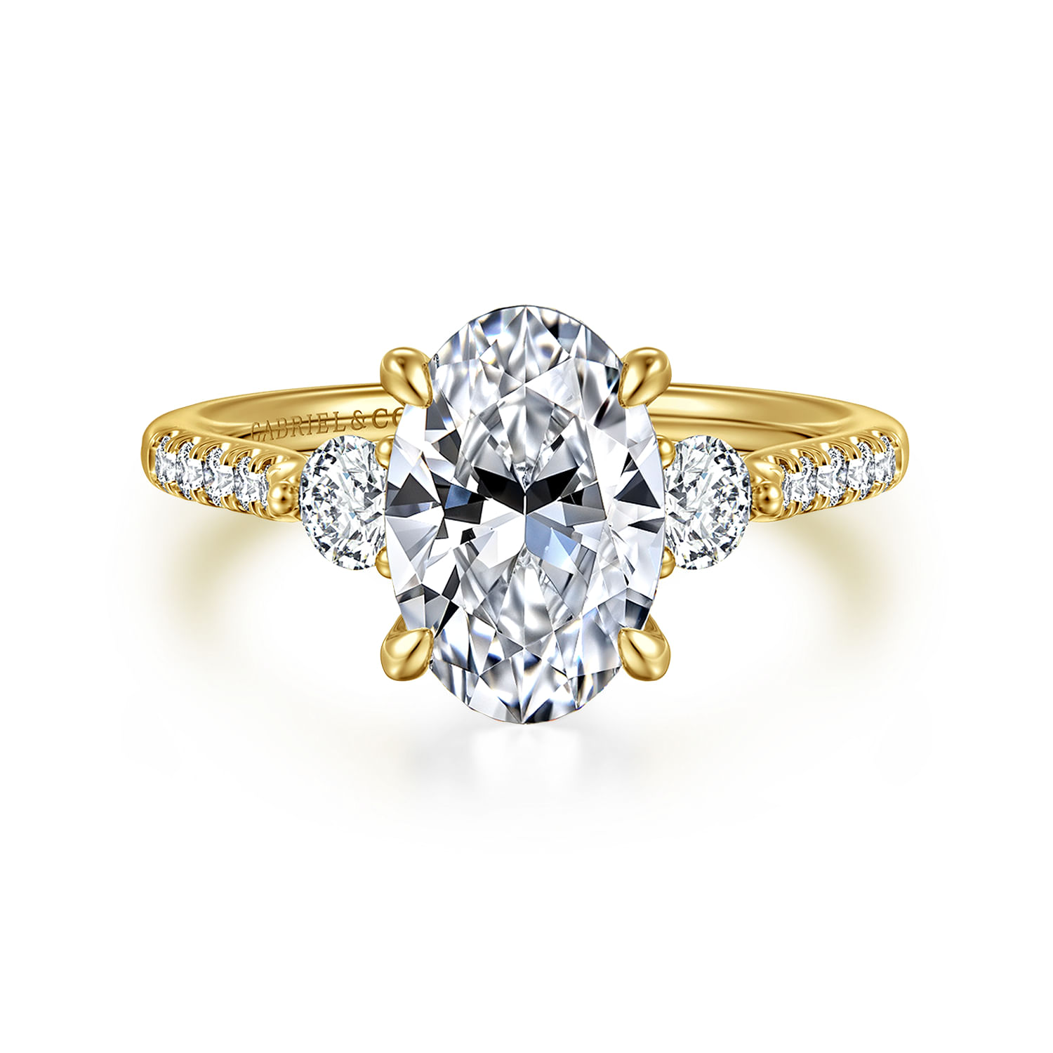 Moon - 14K Yellow Gold Oval Three Stone Lotus Diamond Engagement Ring