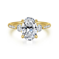 14K Yellow Gold Oval Three Stone Lotus Diamond Engagement Ring