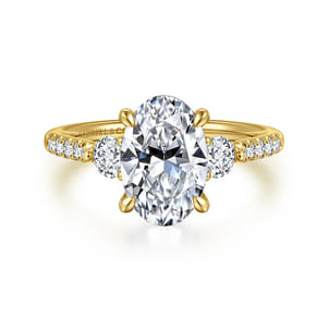 Moon - 14K Yellow Gold Oval Three Stone Lotus Diamond Engagement Ring