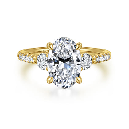 Moon - 14K Yellow Gold Oval Three Stone Lotus Diamond Engagement Ring