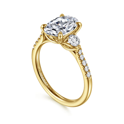 Moon - 14K Yellow Gold Oval Three Stone Lotus Diamond Engagement Ring
