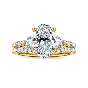 Moon - 14K Yellow Gold Oval Three Stone Lotus Diamond Engagement Ring