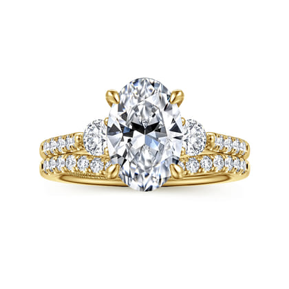 Moon - 14K Yellow Gold Oval Three Stone Lotus Diamond Engagement Ring