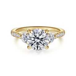 14K Yellow Gold Round Three Stone Lotus Diamond Engagement Ring