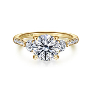 Moon - 14K Yellow Gold Round Three Stone Lotus Diamond Engagement Ring
