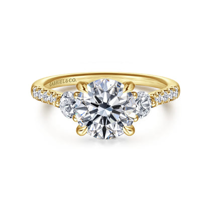 Moon - 14K Yellow Gold Round Three Stone Lotus Diamond Engagement Ring