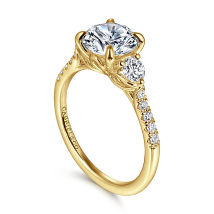 Moon - 14K Yellow Gold Round Three Stone Lotus Diamond Engagement Ring