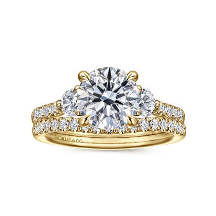 Moon - 14K Yellow Gold Round Three Stone Lotus Diamond Engagement Ring