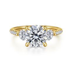 14K Yellow Gold Round Three Stone Lotus Diamond Engagement Ring