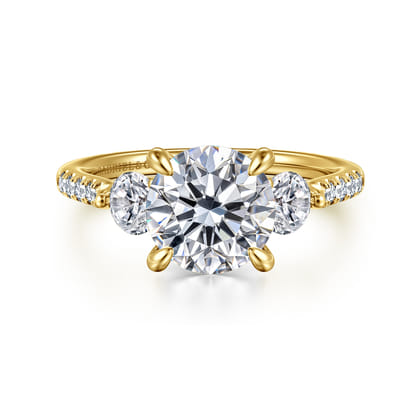 Moon - 14K Yellow Gold Round Three Stone Lotus Diamond Engagement Ring