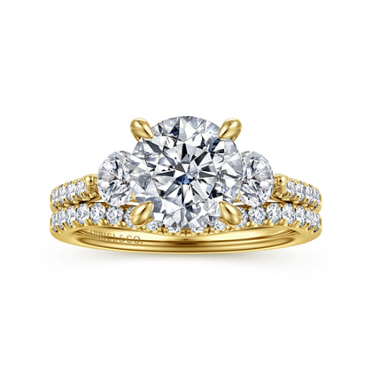 Moon - 14K Yellow Gold Round Three Stone Lotus Diamond Engagement Ring