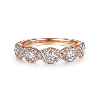 Moorea - 14K Rose Gold Round and Marquise Halo Station Diamond Anniversary Band