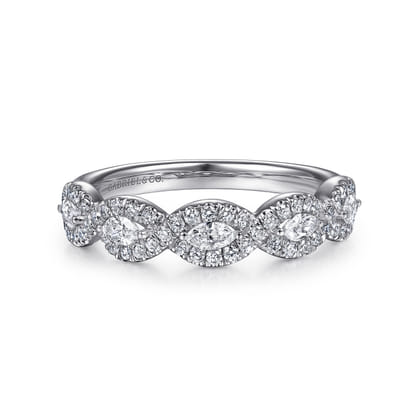 Moorea - 14K White Gold Round and Marquise Halo Station Diamond Anniversary Band