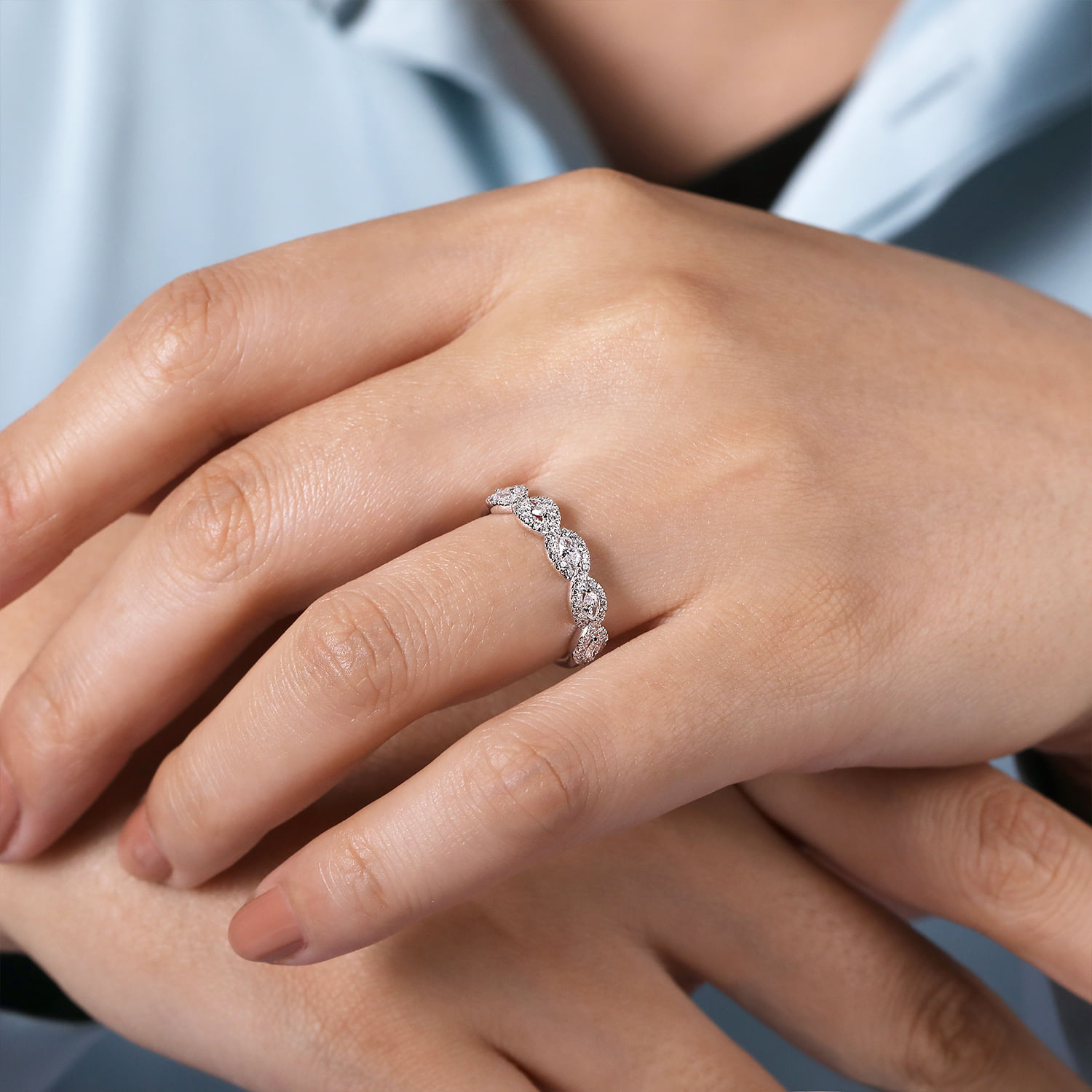 Moorea - 14K White Gold Round and Marquise Halo Station Diamond Anniversary Band
