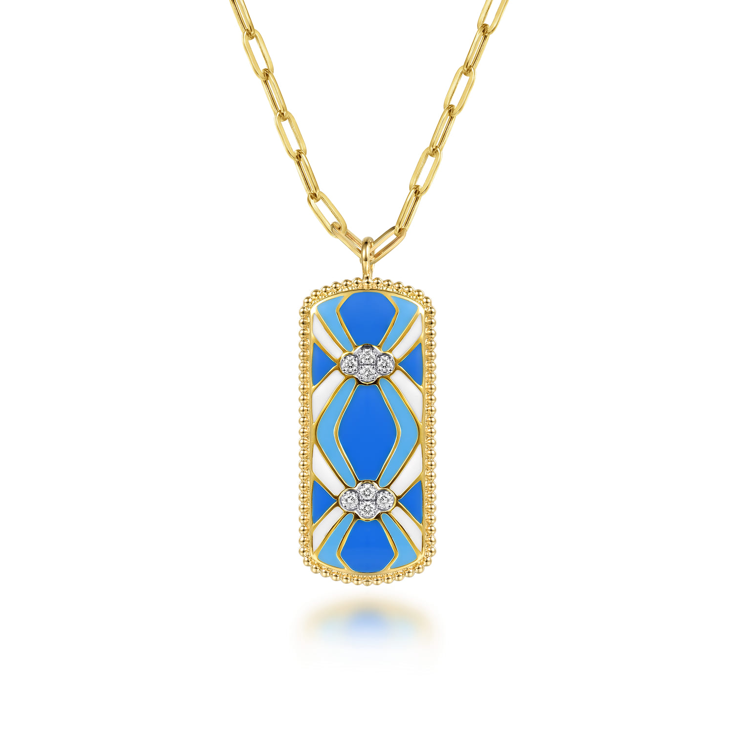 Mosaic - 14K White and Yellow Gold Bujukan Diamond Dog Tag Pendant Necklace with Blue and Dust Blue and White Enamel - 0.11 ct - Shot 1