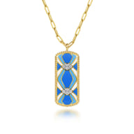 Mosaic - 14K White and Yellow Gold Bujukan Diamond Dog Tag Pendant Necklace with Blue and Dust Blue and White Enamel