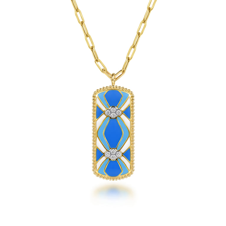 Mosaic - 14K White and Yellow Gold Bujukan Diamond Dog Tag Pendant Necklace with Blue and Dust Blue and White Enamel - 0.11 ct - Shot 1