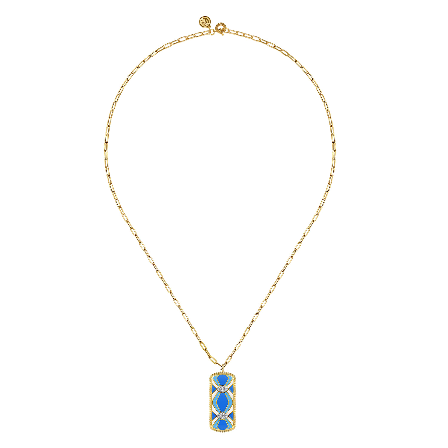 Mosaic - 14K White and Yellow Gold Bujukan Diamond Dog Tag Pendant Necklace with Blue and Dust Blue and White Enamel - 0.11 ct - Shot 3