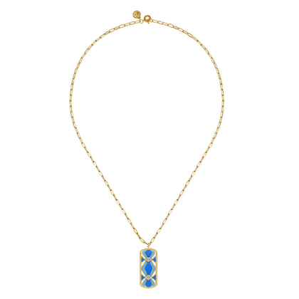 Mosaic - 14K White and Yellow Gold Bujukan Diamond Dog Tag Pendant Necklace with Blue and Dust Blue and White Enamel