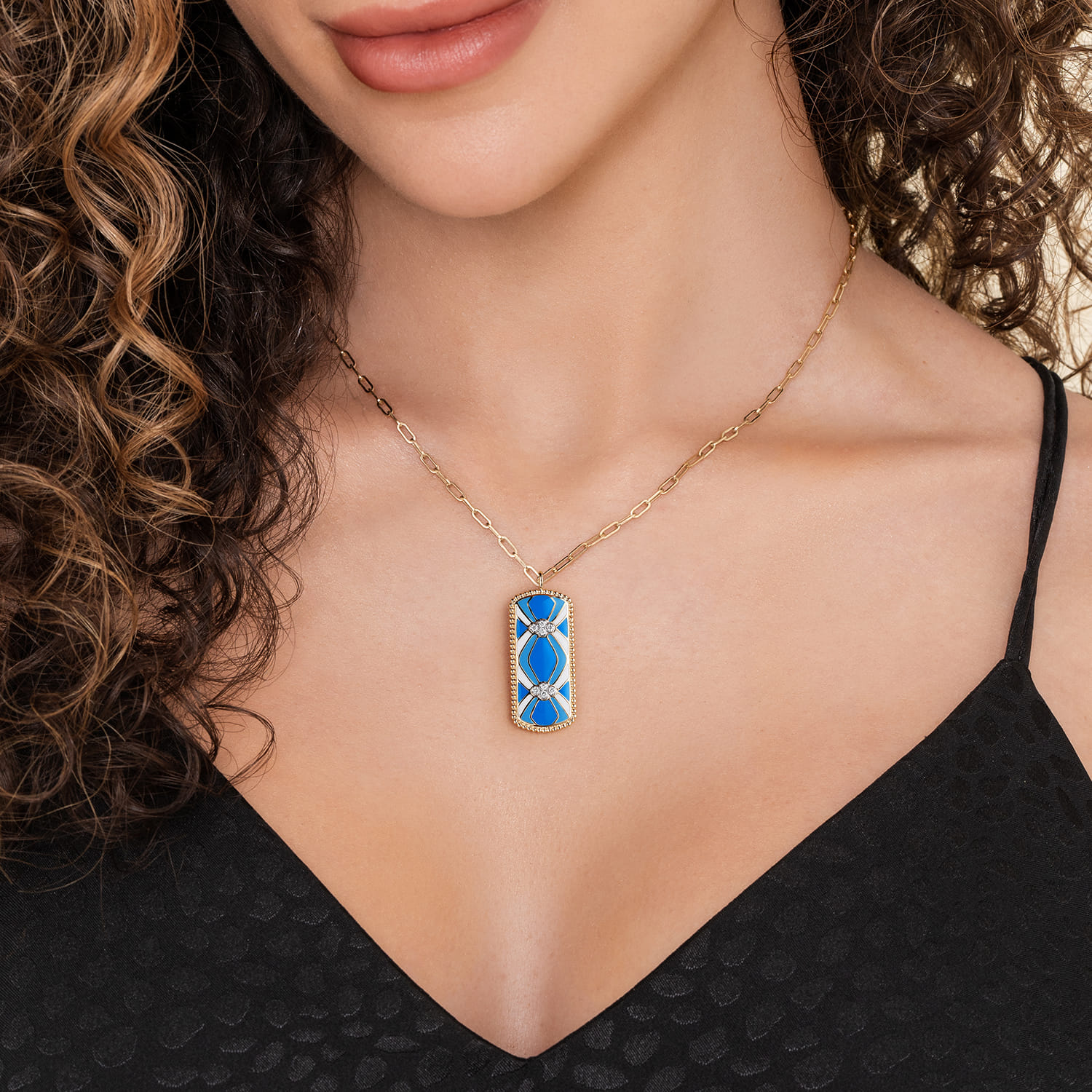 Mosaic - 14K White and Yellow Gold Bujukan Diamond Dog Tag Pendant Necklace with Blue and Dust Blue and White Enamel - 0.11 ct - Shot 4