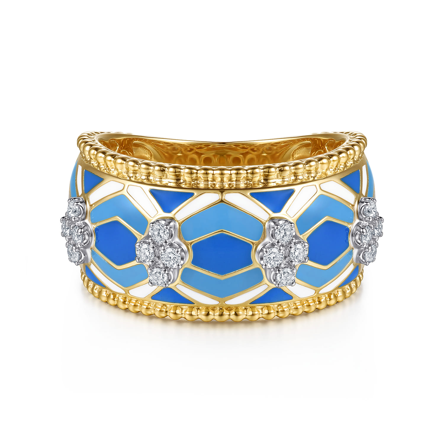 Mosaic - 14K White and Yellow Gold Bujukan Diamond Wide Band with Blue and Dust Blue and White Enamel - 0.16 ct - Shot 1