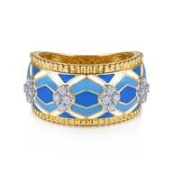 Mosaic - 14K White and Yellow Gold Bujukan Diamond Wide Band with Blue and Dust Blue and White Enamel
