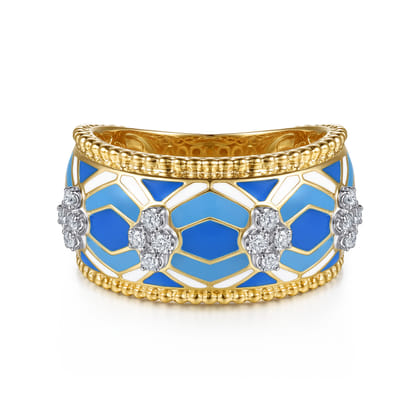 Mosaic - 14K White and Yellow Gold Bujukan Diamond Wide Band with Blue and Dust Blue and White Enamel