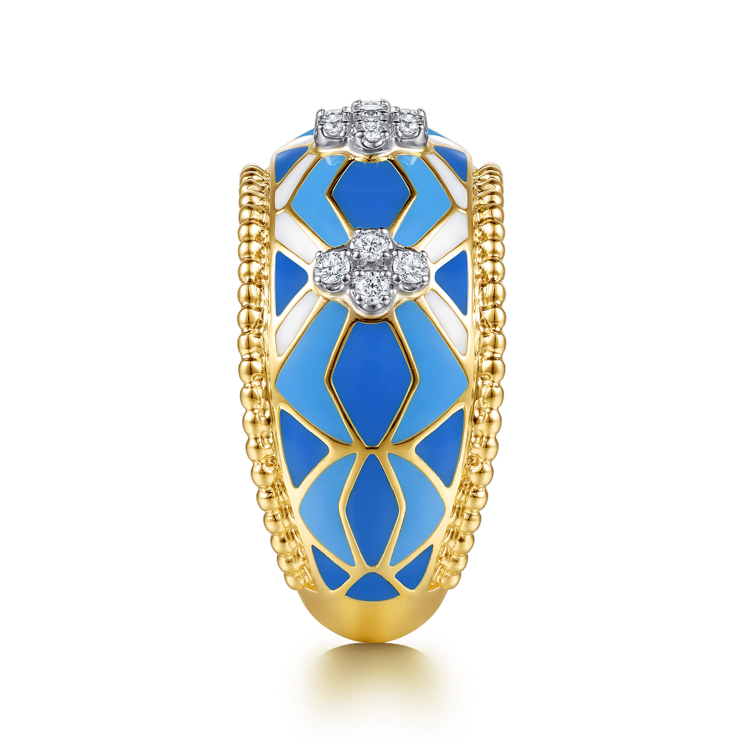 Mosaic - 14K White and Yellow Gold Bujukan Diamond Wide Band with Blue and Dust Blue and White Enamel - 0.16 ct - Shot 4