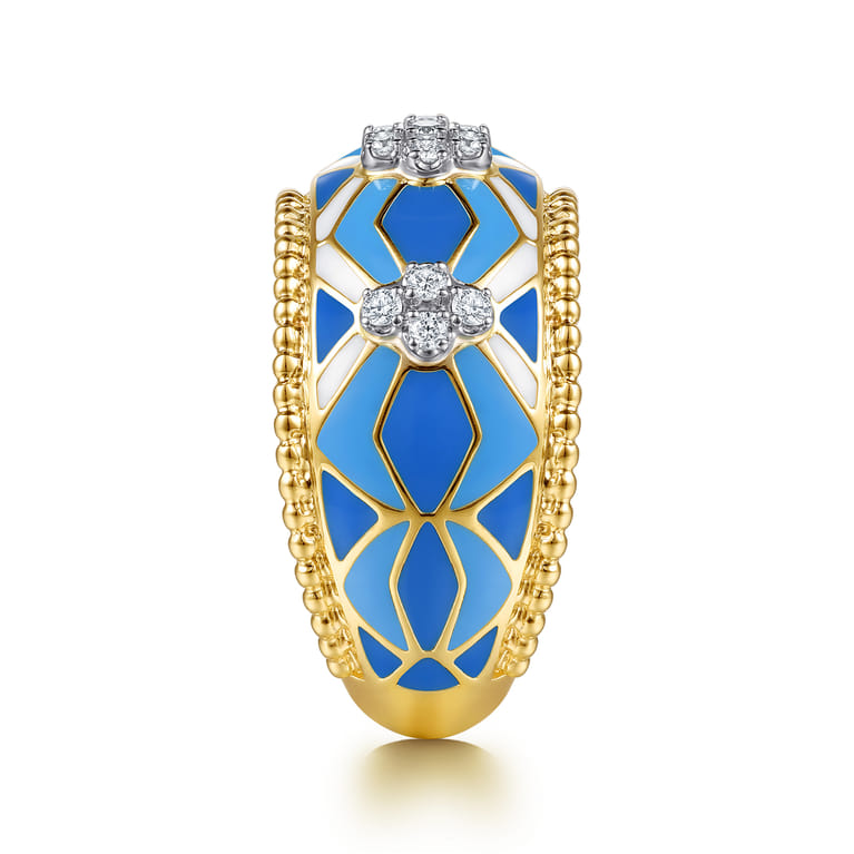 Mosaic - 14K White and Yellow Gold Bujukan Diamond Wide Band with Blue and Dust Blue and White Enamel - 0.16 ct - Shot 4