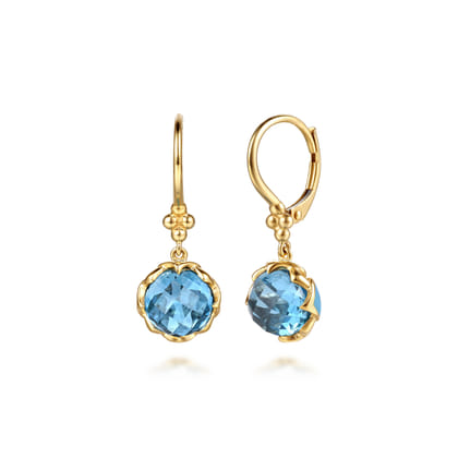Mosaic - 14K Yellow Gold Bujukan Blue Topaz Clover Drop Earrings with Dusk Blue Enamel