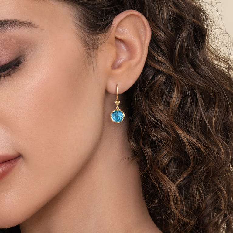 Mosaic - 14K Yellow Gold Bujukan Blue Topaz Clover Drop Earrings with Dusk Blue Enamel - Shot 3