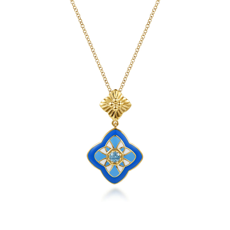 Mosaic - 14K Yellow Gold Bujukan Blue Topaz Clover Pendant Drop Necklace with Blue Dusk Blue and White Enamel - Shot 1