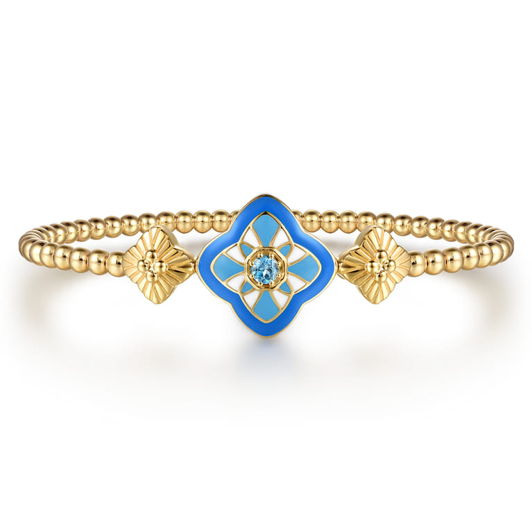 Mosaic - 14K Yellow Gold Bujukan Blue Topaz Floral Split Bangle Bracelet with Blue Dusk Blue and White Enamel - Shot 1