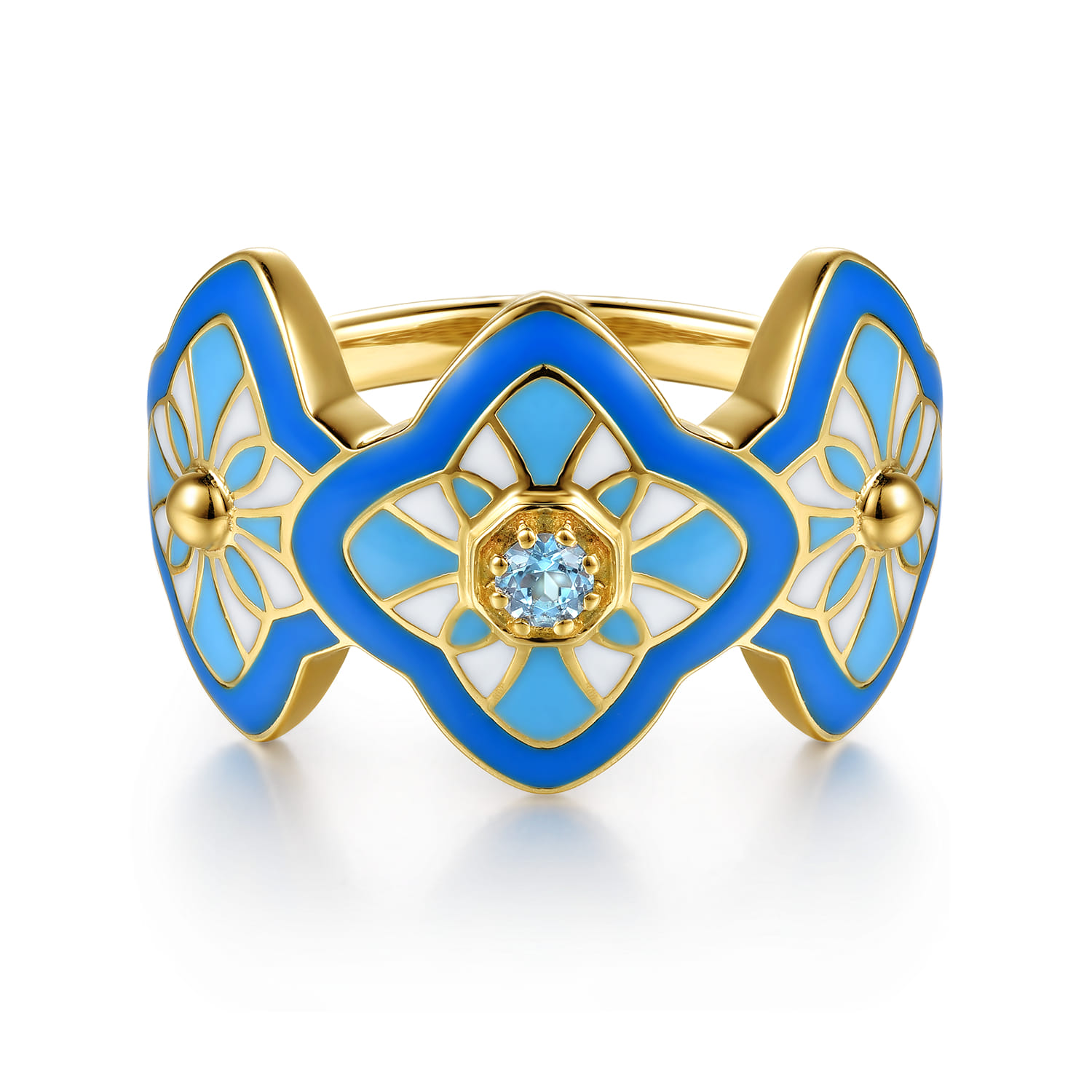 Mosaic - 14K Yellow Gold Bujukan Blue Topaz Floral Wide Band with Blue Dusk Blue and White Enamel - Shot 1