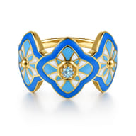 Mosaic - 14K Yellow Gold Bujukan Blue Topaz Floral Wide Band with Blue Dusk Blue and White Enamel