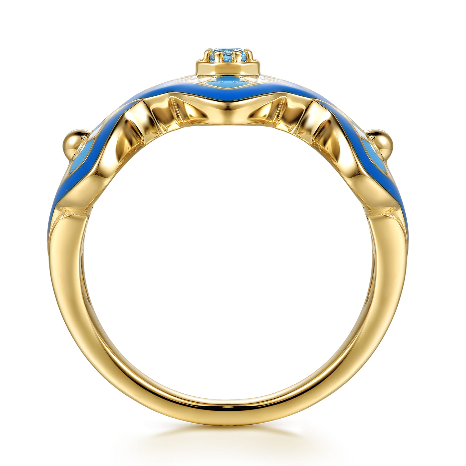 Mosaic - 14K Yellow Gold Bujukan Blue Topaz Floral Wide Band with Blue Dusk Blue and White Enamel - Shot 2