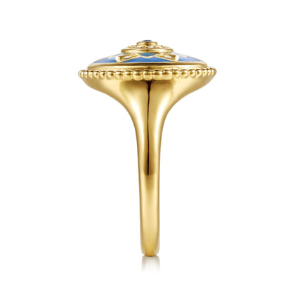 Mosaic - 14K Yellow Gold Bujukan Diamond Blue Sapphire and Blue Topaz Signet Ring with Dusk Blue and Blue Enamel