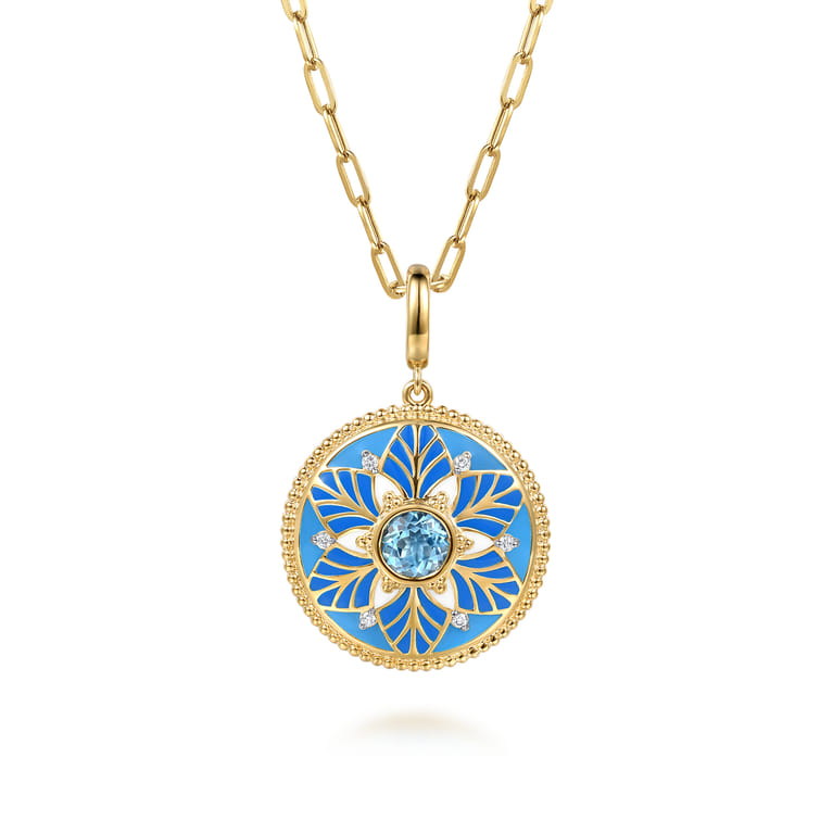 Mosaic - 14K Yellow Gold Bujukan Diamond and Blue Topaz Medallion with Blue and Dust Blue and White Enamel - 0.08 ct - Shot 3