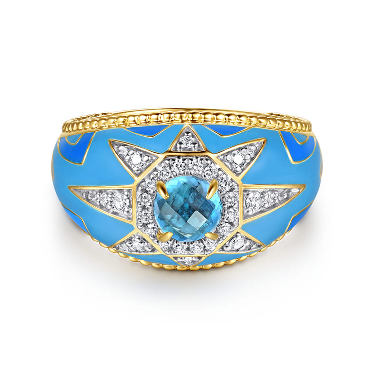 Mosaic - 14K Yellow Gold Bujukan Diamond and Blue Topaz Wide Band with Blue and Dust Blue and White Enamel - 0.21 ct - Shot 1