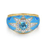 Mosaic - 14K Yellow Gold Bujukan Diamond and Blue Topaz Wide Band with Blue and Dust Blue and White Enamel - 0.21 ct