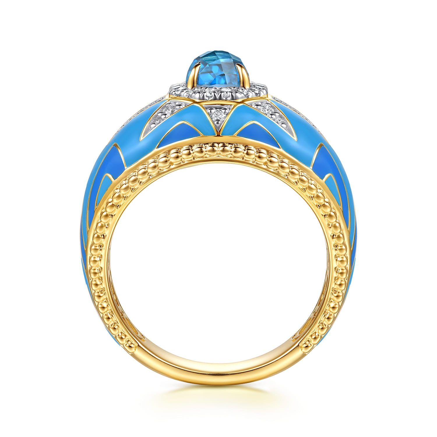 Mosaic - 14K Yellow Gold Bujukan Diamond and Blue Topaz Wide Band with Blue and Dust Blue and White Enamel - 0.21 ct - Shot 2