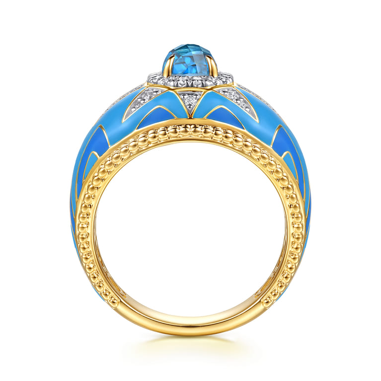 Mosaic - 14K Yellow Gold Bujukan Diamond and Blue Topaz Wide Band with Blue and Dust Blue and White Enamel - 0.21 ct - Shot 2