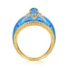 Mosaic - 14K Yellow Gold Bujukan Diamond and Blue Topaz Wide Band with Blue and Dust Blue and White Enamel - 0.21 ct