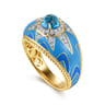 Mosaic - 14K Yellow Gold Bujukan Diamond and Blue Topaz Wide Band with Blue and Dust Blue and White Enamel - 0.21 ct